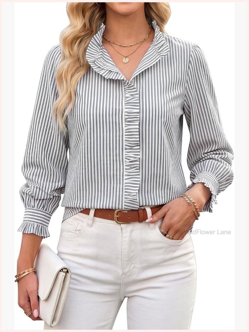 Striped Long Sleeve Ruffle V Neck Blouse Women Dressy Casual Business Shirt